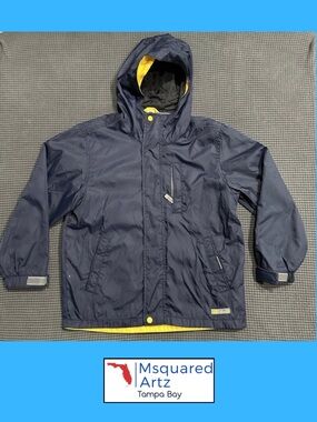 GAP Kids Hooded Windbreaker Jacket Youth Large 10-12 Navy Yellow Lightweight